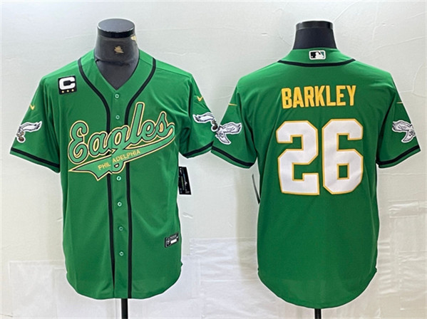 Philadelphia Eagles #26 Saquon Barkley Green Gold With 3-Star C Patch Cool Base Stitched Jersey - Zenithce