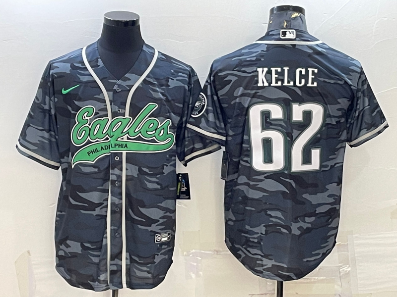Philadelphia Eagles #62 Jason Kelce Grey Camo With Patch Cool Base Stitched Baseball Jersey - Zenithce