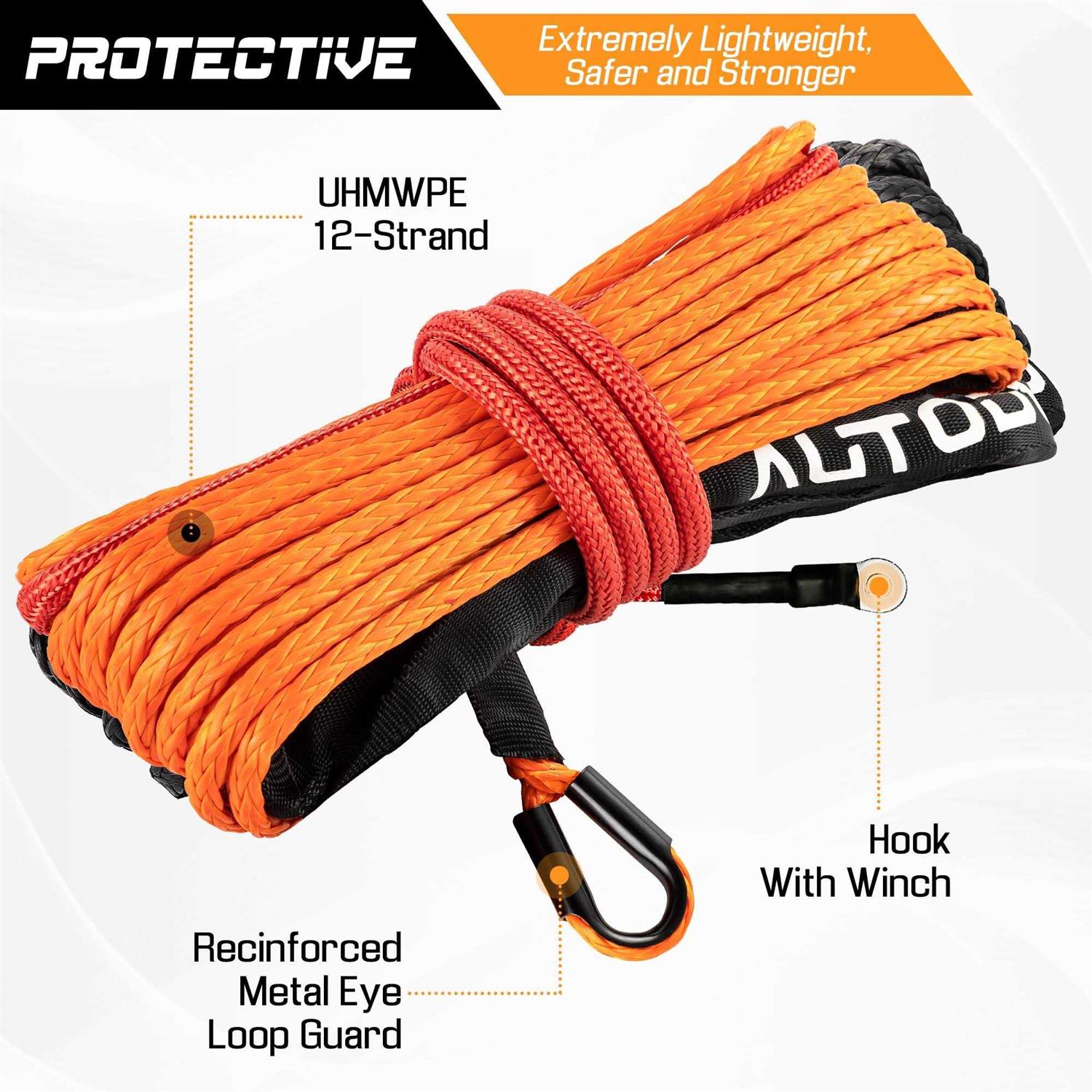 Synthetic Winch Rope Cable Kit 1/4 x 50 ft 9500Lbs Winch Rope Line with Protective Sleeve+Rubber Stopper+Winch Hook+Safety Pull Strap - Zenithce