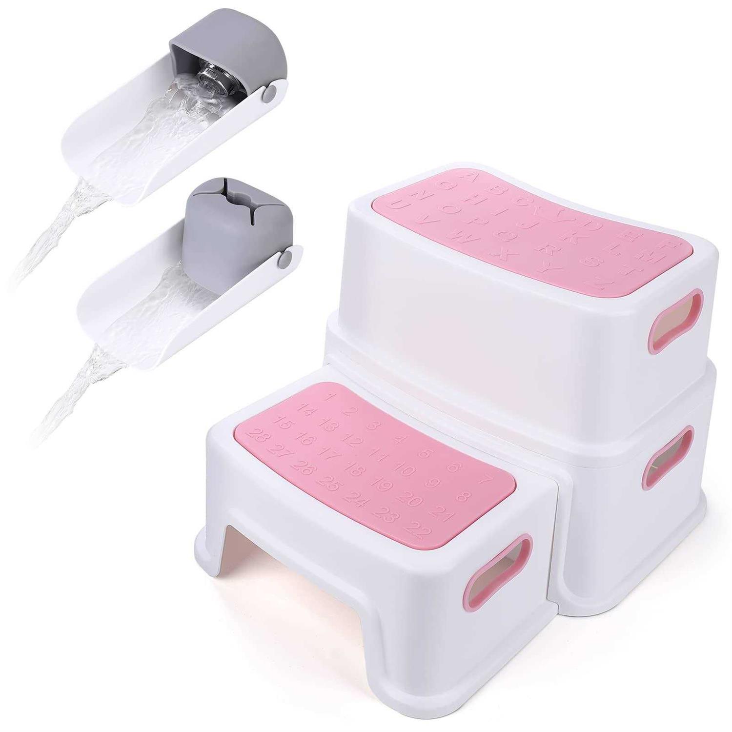 Two Step Stool for Kids with 2 PCS Faucet Extender, Babevy Toddler Step Stool for Potty Training, with Numbers/ABC and Handles - Zenithce