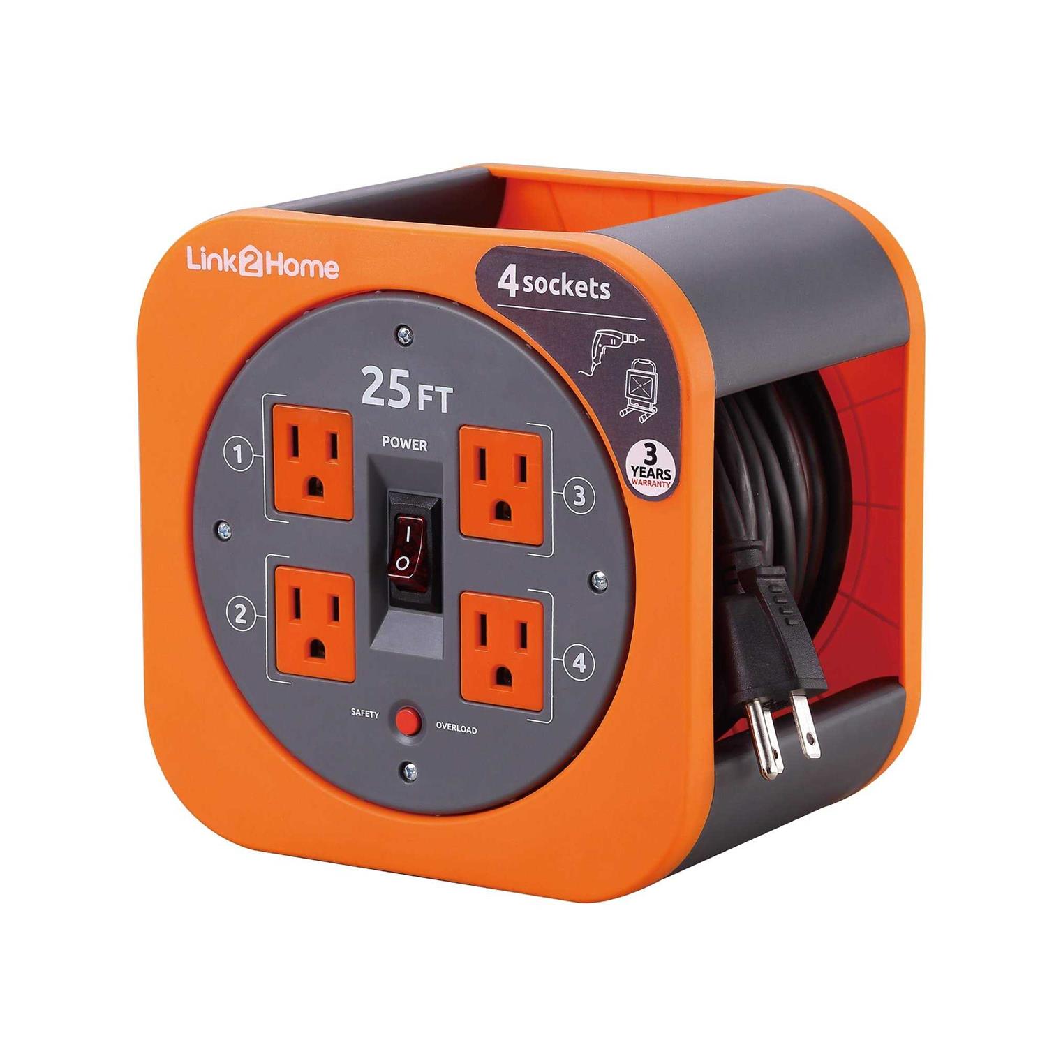 Link2Home Cord Reel 25 ft. Extension Cord Power Outlets - Zenithce