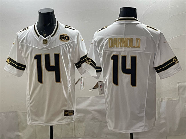 Seattle Seahawks #14 Sam Darnold White Gold 2025 F.U.S.E. 50th Season Patch Vapor Limited Stitched Jersey - Zenithce
