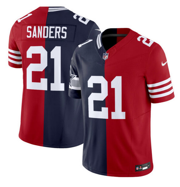 Dallas Cowboys X 49ers #21 Deion Sanders Navy Red Split F.U.S.E. Vapor Limited Stitched Jersey - Zenithce