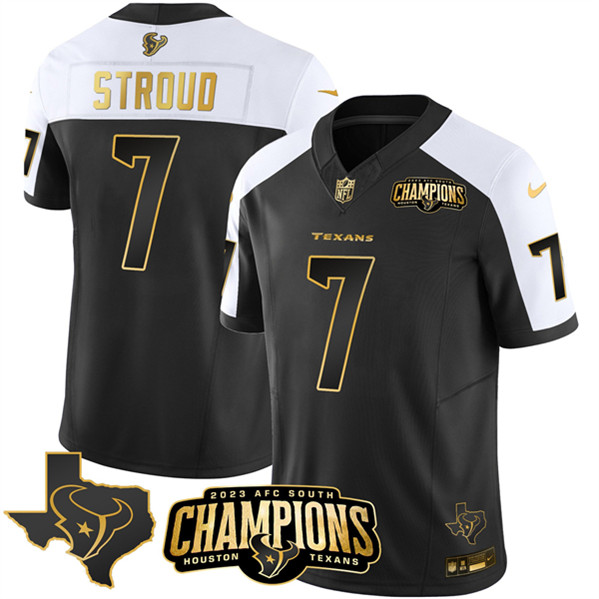 Houston Texans #7 C.J. Stroud Black White Golden 2023 F.U.S.E. With AFC South Champions Patch And Team Logo Patch Limited Stitched Jersey - Zenithce