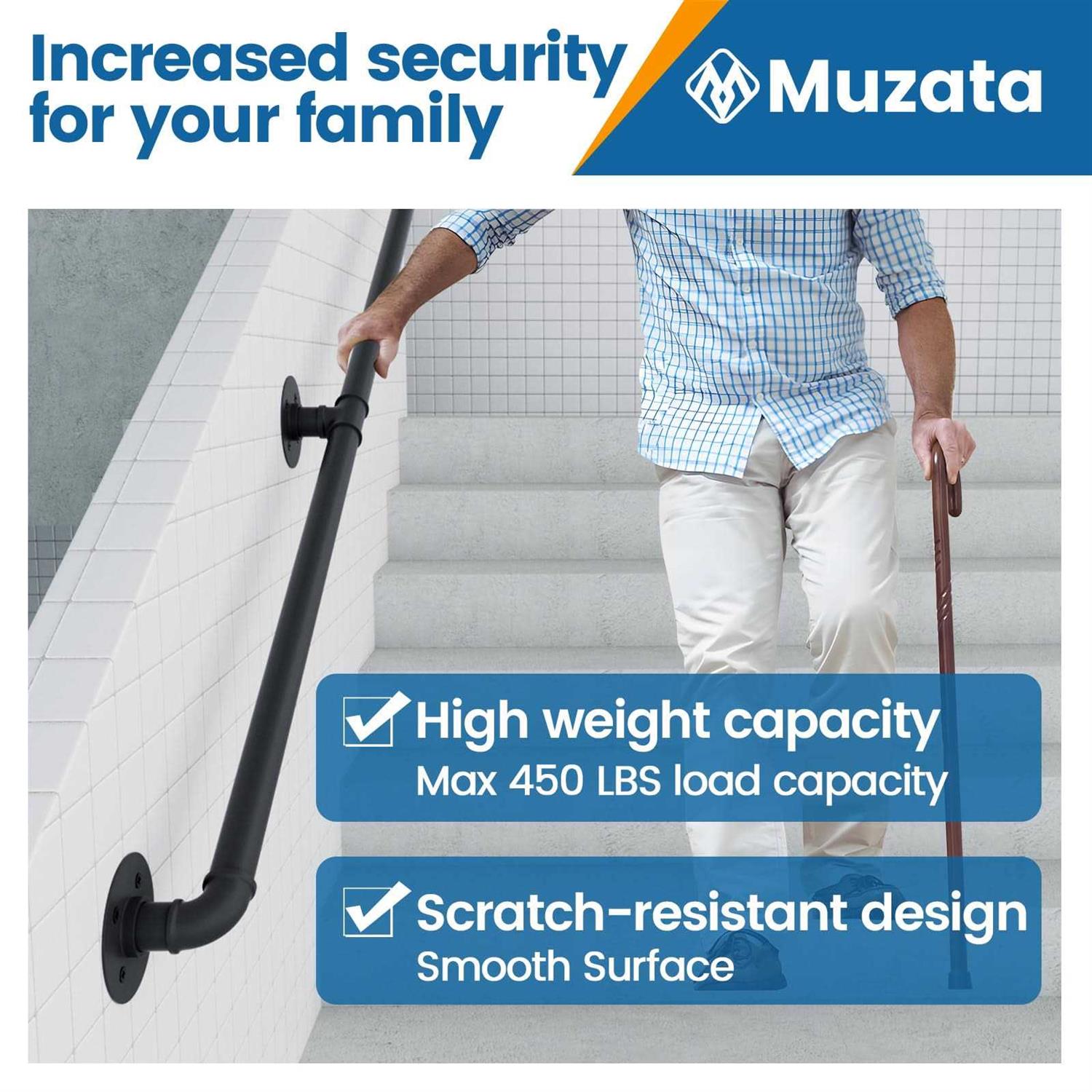 Muzata 10ft Staircase Handrail Black Pipe Handrail Staircase Steps Hand Rail for Indoor Stairs 440LBS Load Capacity Wall Mount Support Galvanized - Zenithce