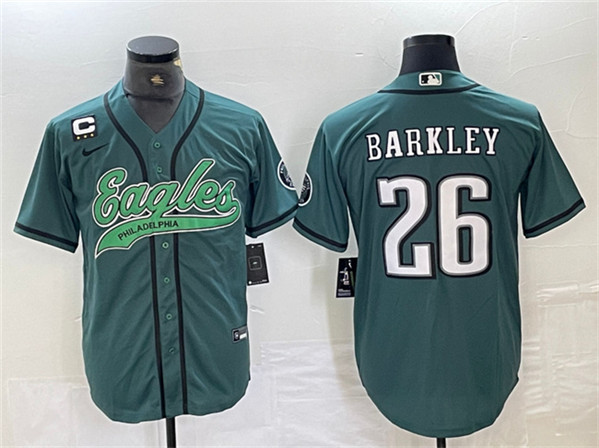 Philadelphia Eagles #26 Saquon Barkley Green With 3-Star C Patch Cool Base Stitched Jersey - Zenithce