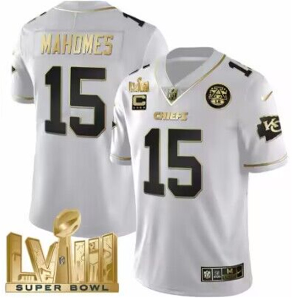 Kansas City Chiefs #15 Patrick Mahomes White With Gold Super Bowl LVIII Patch And 4-Star C Patch Vapor Untouchable Limited Stitched Jersey - Zenithce