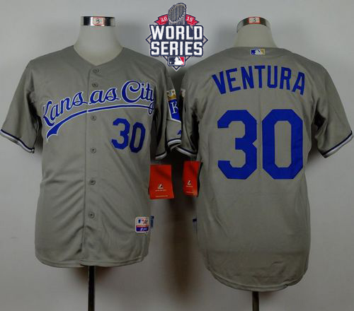 Royals #30 Yordano Ventura Grey Road Cool Base W 2015 World Series Patch Stitched Jersey - Zenithce