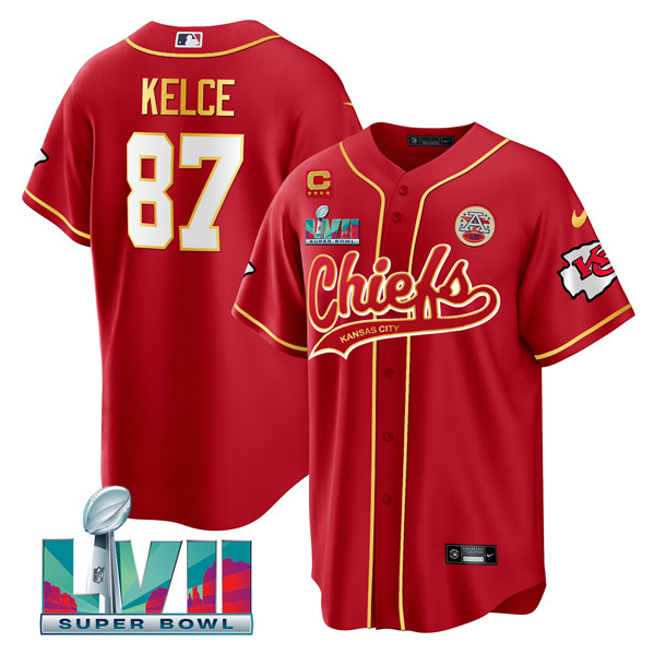 Kansas City Chiefs #87 Travis Kelce Red With 4-Star C Patch And Super Bowl LVII Patch Cool Bae Stitched Jersey - Zenithce