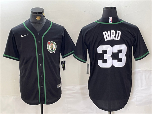 Boston Celtics #33 Larry Bird Black With Patch Stitched Baseball Jersey - Zenithce