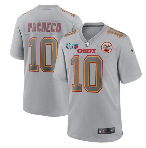 Kansas City Chiefs #10 Isiah Pacheco Gray With Left A Patch Right Super Bowl LVII Patch Atmosphere Fashion Stitched Game Jersey - Zenithce