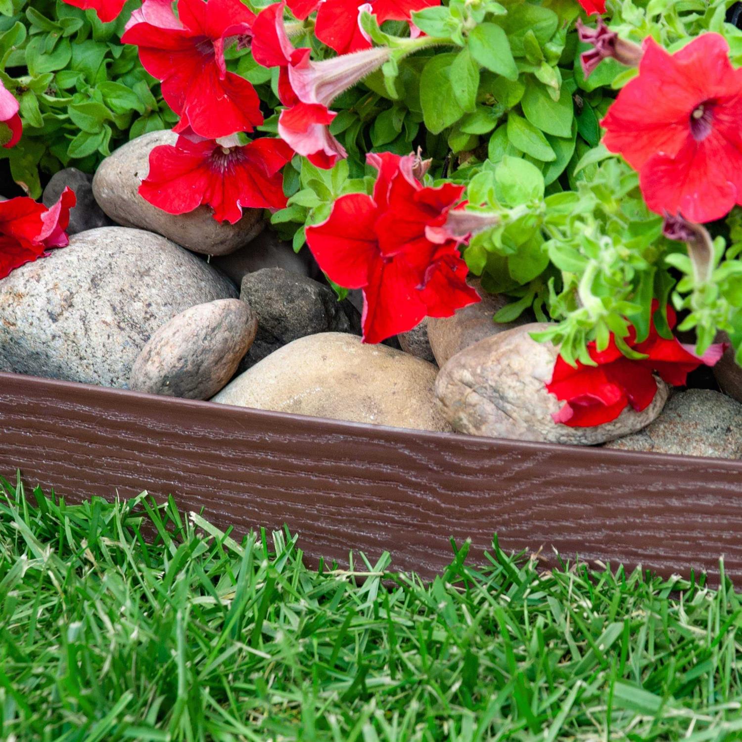 EasyFlex Tall Wall No-Dig Landscape Edging with Anchoring Spikes 2.5 in. Tall Straight Top Plastic Garden Border with Woodgrain Texture - Zenithce