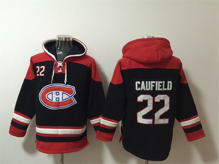 Montreal Canadiens #22 Cole Caufield Navy Red Lace-Up Pullover Hoodie - Zenithce