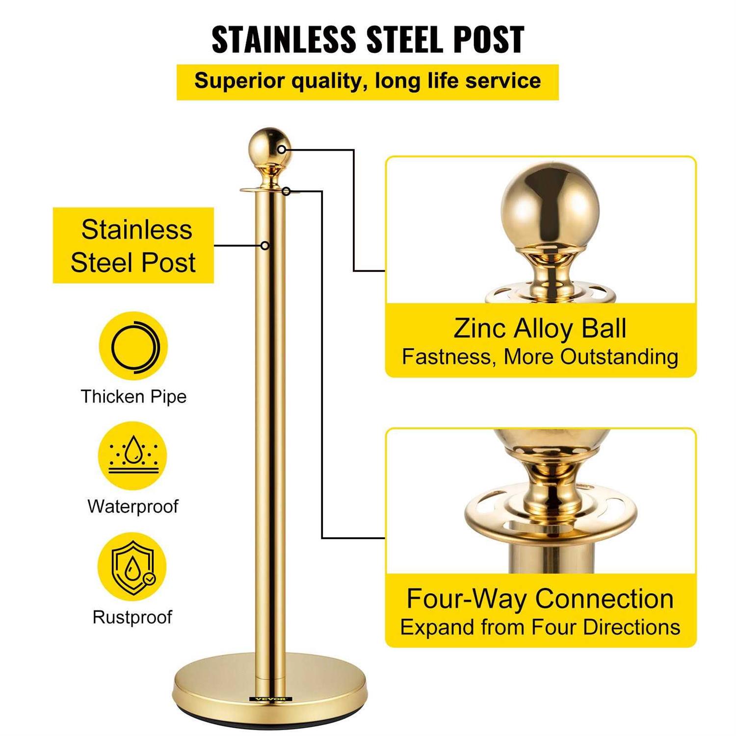VEVOR Velvet Ropes and Posts 5 ft. Red Rope Stainless Steel Gold Stanchion with Ball Top Crowd Control Barrier - Zenithce