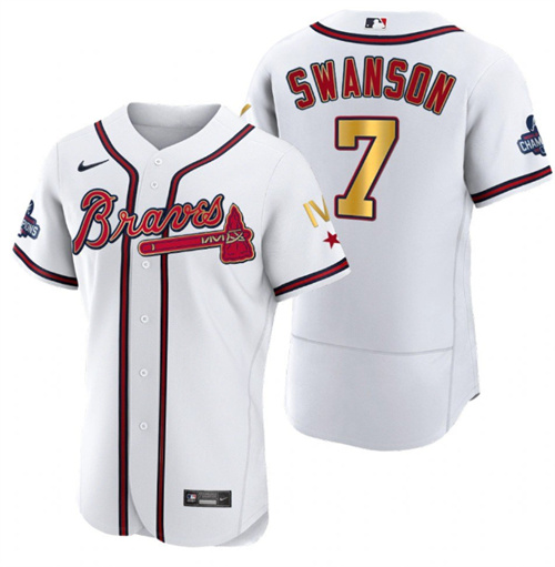 Atlanta Braves #7 Dansby Swanson White Gold World Series Champions Flex Base Stitched Jersey - Zenithce