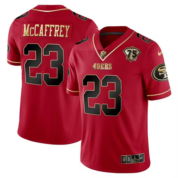 San Francisco 49ers #23 Christian McCaffrey Red Gold 75 Anniversary Patch Limited Stitched Jersey - Zenithce