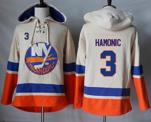 Islanders #3 Travis Hamonic Cream Sawyer Hooded Sweatshirt Stitched Jersey - Zenithce