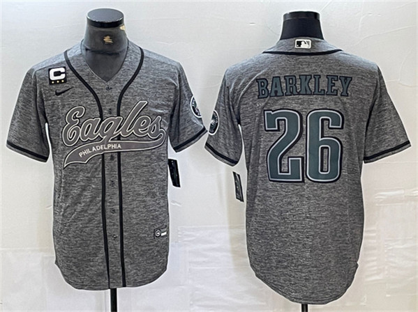 Philadelphia Eagles #26 Saquon Barkley Gray With 3-Star C Patch Cool Base Stitched Jersey - Zenithce