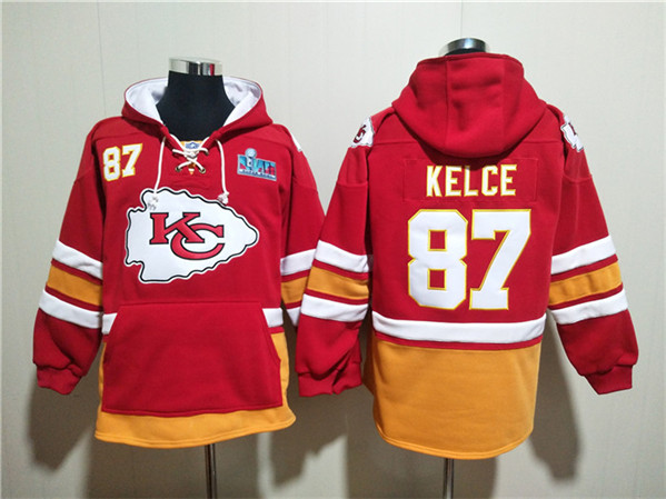 Kansas City Chiefs #87 Travis Kelce Red Super Bowl Lace-Up Pullover Hoodie - Zenithce