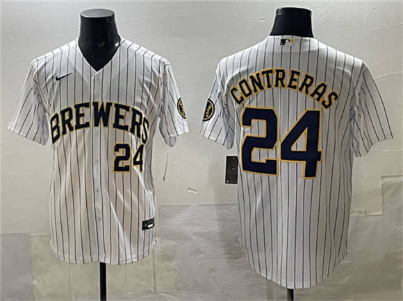 Milwaukee Brewers #24 William Contreras White Pinstripe 2025 With Patch Stitched Stitched Jersey - Zenithce