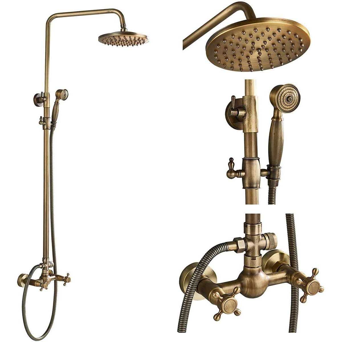 NeierThodore Antique Brass Bathroom Shower Faucet System 8 Inch Rainfall Shower Head - Zenithce