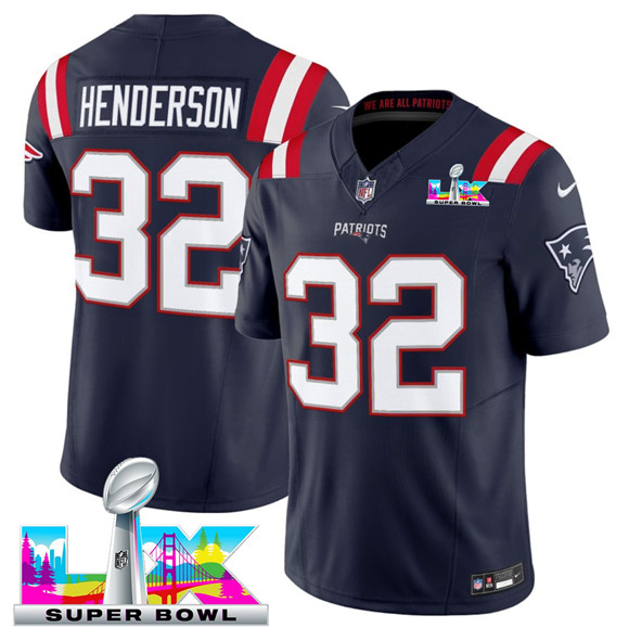 New England Patriots #32 TreVeyon Henderson Navy 2025 F.U.S.E. Super Bowl LX Patch Limited Stitched Jersey - Zenithce