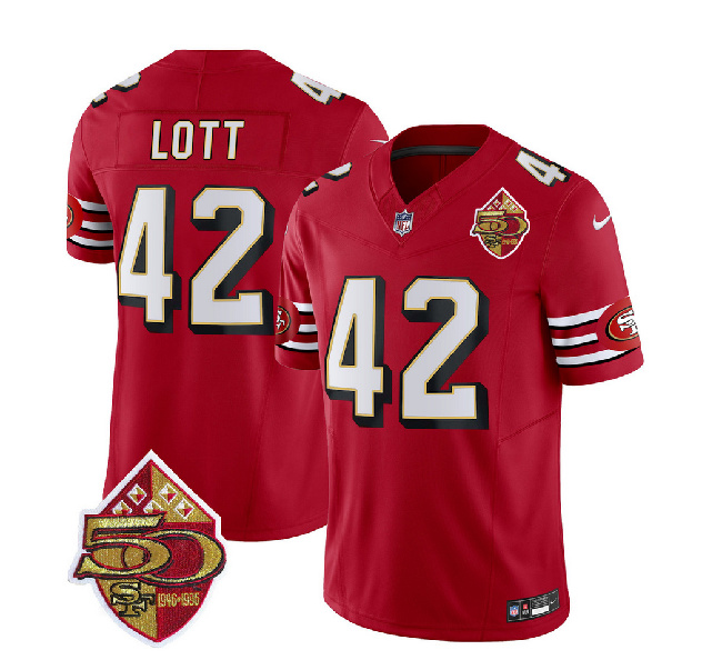 San Francisco 49ers #42 Ronnie Lott Red 2023 F.U.S.E. 50th Patch Throwback Stitched Jersey - Zenithce