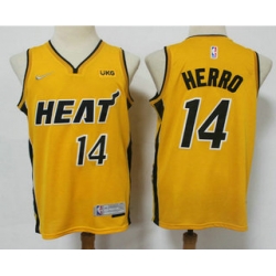 Miami Heat 14 Tyler Herro Yellow Swingman 2021 Earned Edition Stitched Jersey With NEW Sponsor Logo - Zenithce