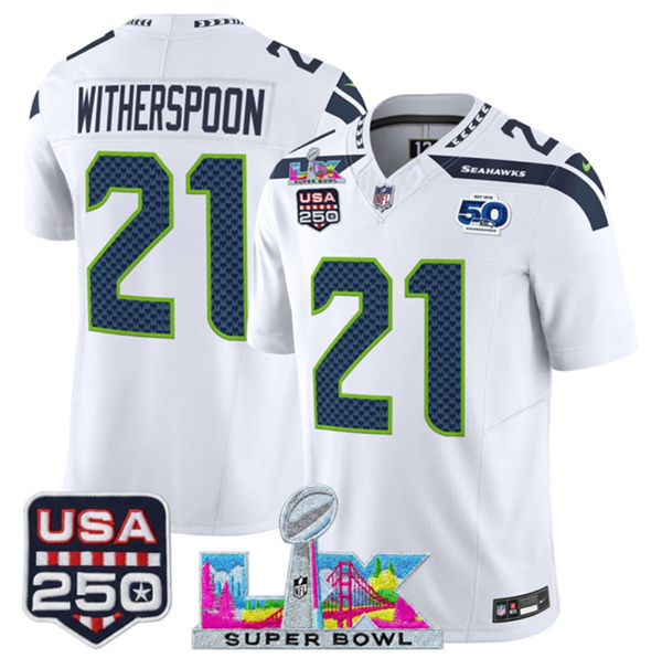 Seattle Seahawks #21 Devon Witherspoon White 2025 F.U.S.E. Super Bowl LX Patch And 50th Season USA 250' Patch Vapor Limited Stitched Jersey - Zenithce