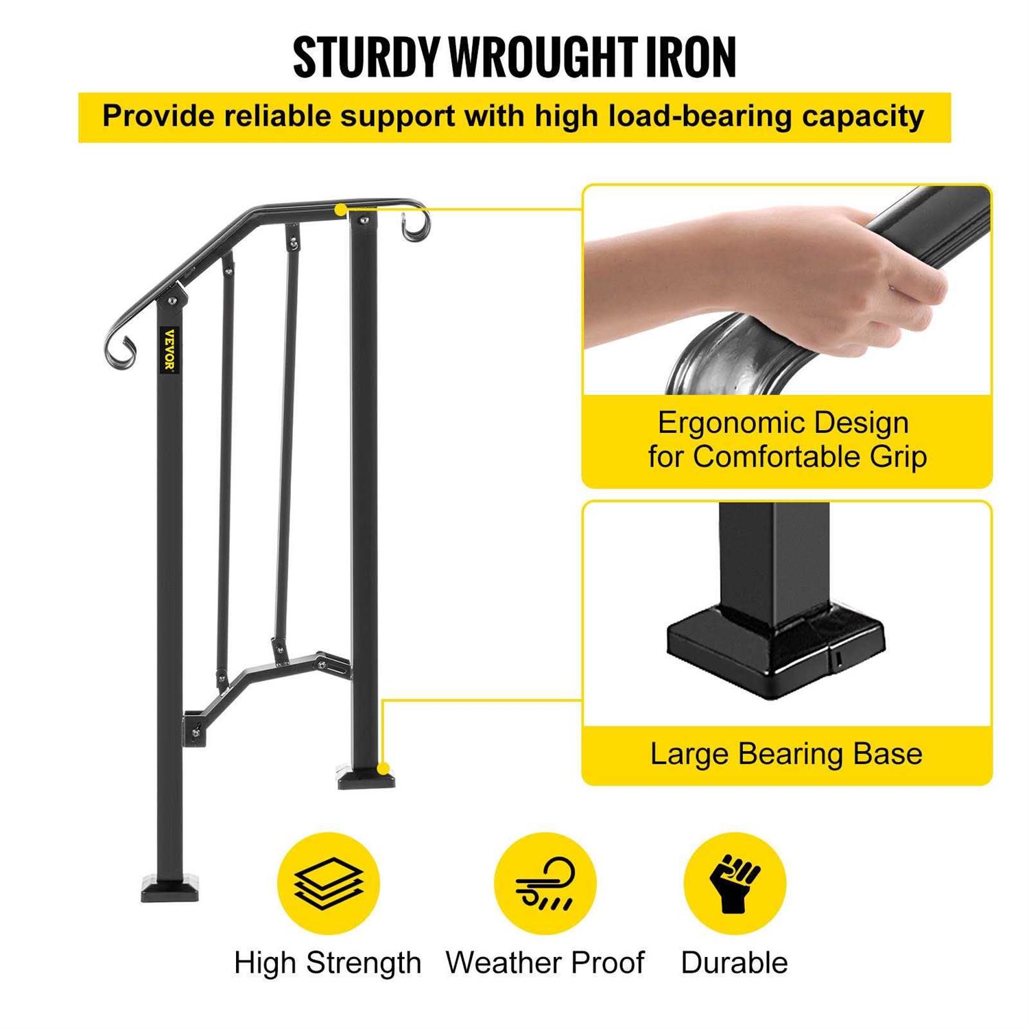 VEVOR Handrails for Outdoor Steps 2-3 Step Single Post Handrail Wrought Iron Handrail for Steps LTFS2BBGTYMLFS001V0 - Zenithce