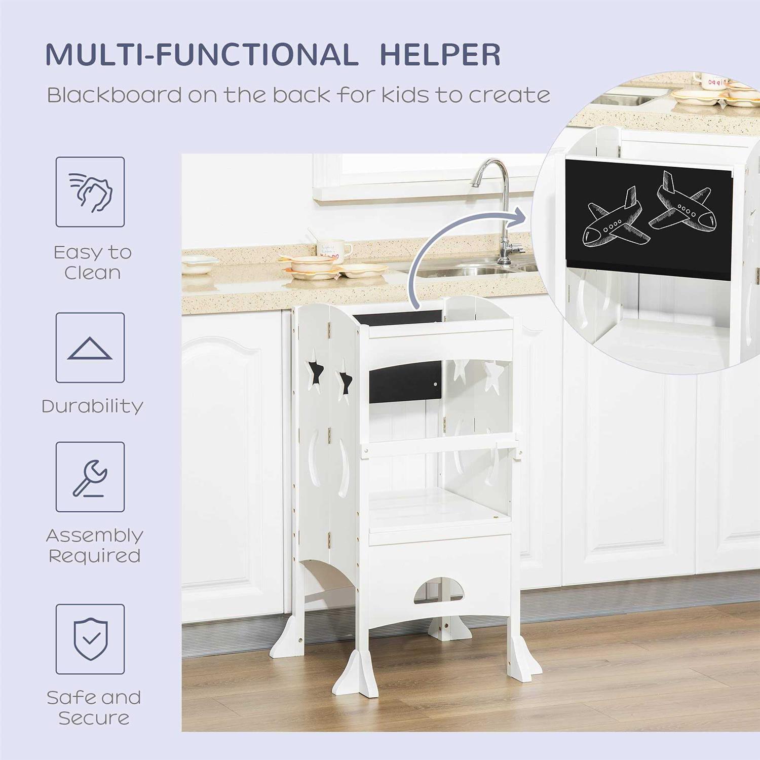Qaba Kids Foldable Kitchen Step Stool with Chalkboard and Lockable Handrail for Children 3-6 Years Old - Zenithce