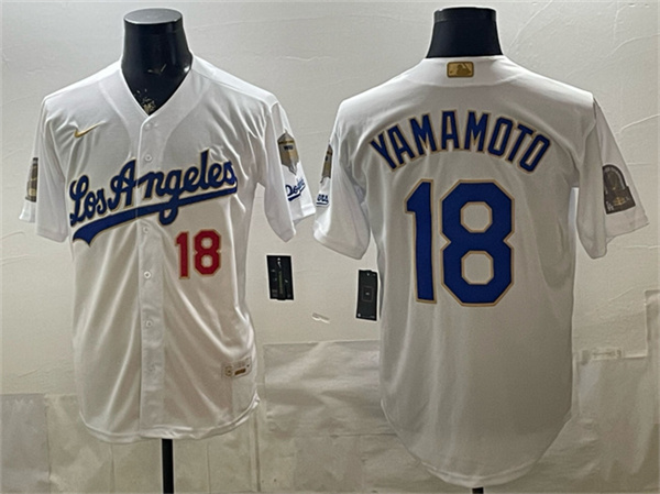 Los Angeles Dodgers #18 Yoshinobu Yamamoto White 2026 Gold Collection 9x B2B Champs Patch Stitched Jersey - Zenithce