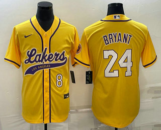 Los Angeles Lakers #8 #24 Kobe Bryant Yellow With Patch Cool Base Stitched Baseball Jersey - Zenithce