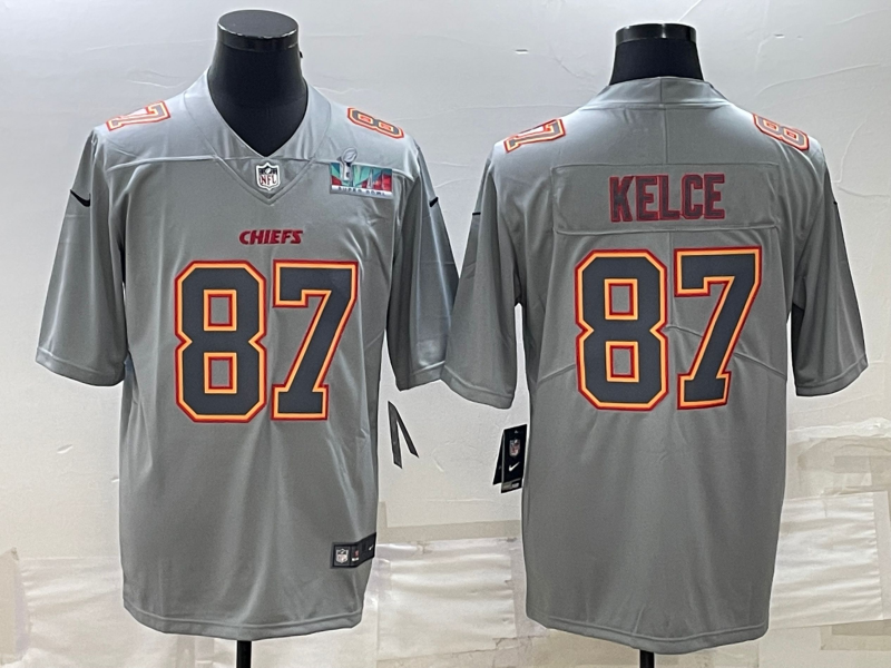 Kansas City Chiefs #87 Travis Kelce Gray Super Bowl LVII Patch Atmosphere Fashion Stitched Jersey - Zenithce