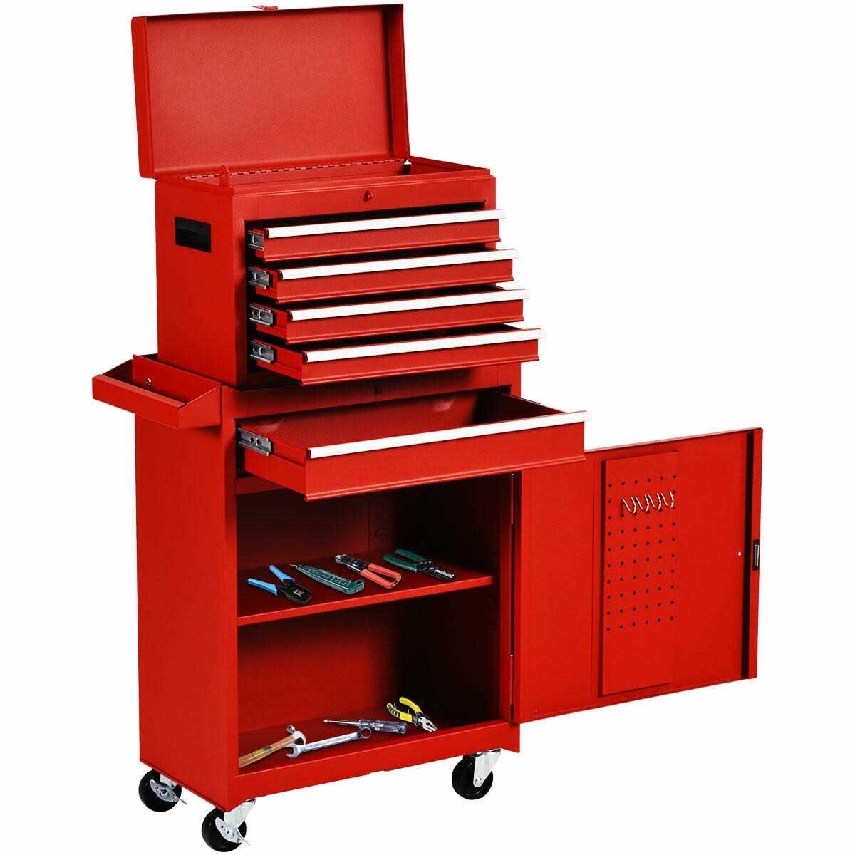 Costway 2 in 1 Tool Chest & Cabinet with 5 Sliding Drawers Rolling Garage Box Organizer - Zenithce