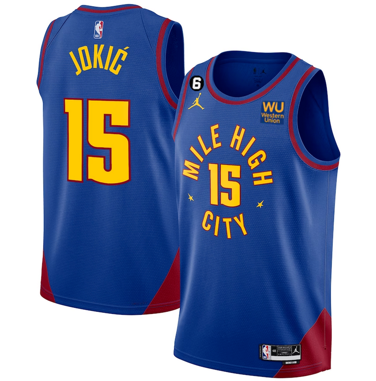 Denver Nuggets #15 Nikola Jokic Blue 2022-23 Statement Edition With NO.6 Patch Stitched Jersey - Zenithce