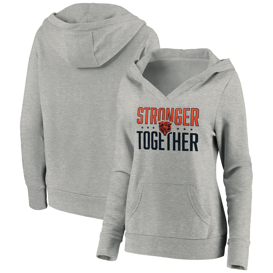 Women's Chicago Bears Heather Gray Stronger Together Crossover Neck Pullover Hoodie(Run Small) - Zenithce