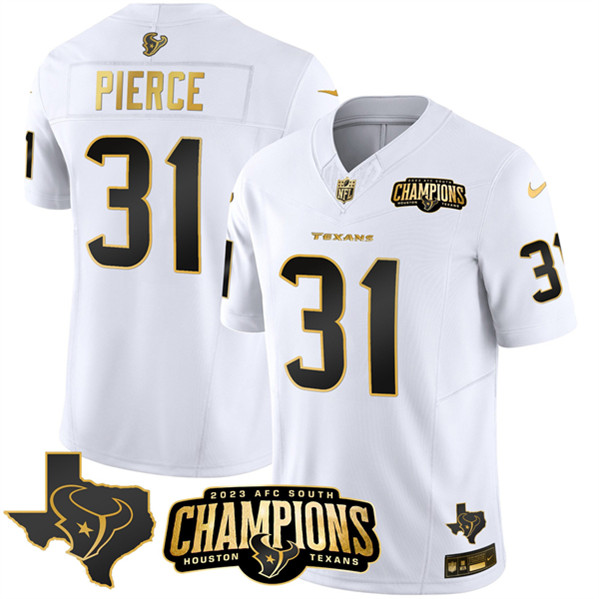 Houston Texans #31 Dameon Pierce White Golden 2023 F.U.S.E. With AFC South Champions Patch And Team Logo Patch Limited Stitched Jersey - Zenithce