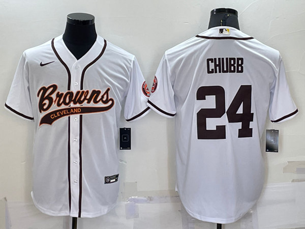 Cleveland Browns #24 Nick Chubb White With Patch Cool Base Stitched Baseball Jersey - Zenithce
