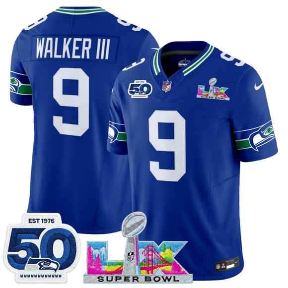 Seattle Seahawks #9 Kenneth Walker III Royal 2025 F.U.S.E. Super Bowl LX Patch And 50th Season Patch Vapor Throwback Limited Stitched Jersey - Zenithce