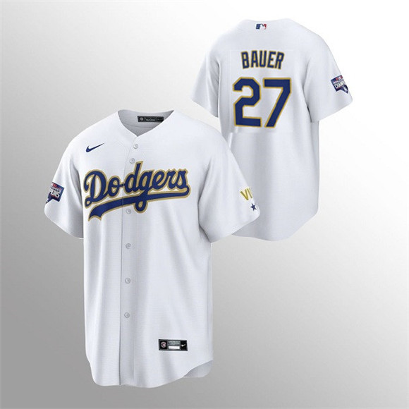 Los Angeles Dodgers #27 Trevor Bauer White Gold Championship Cool Base Stitched Jersey - Zenithce