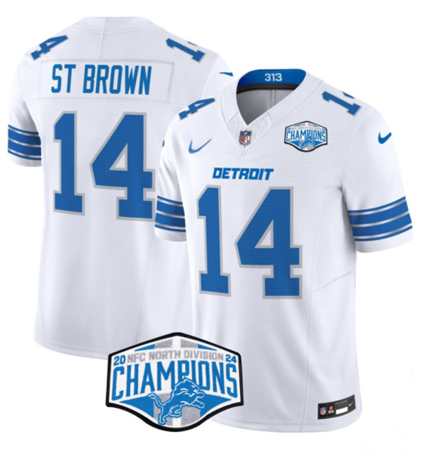 Detroit Lions #14 Amon-Ra St. Brown White 2024 NFC North Champions F.U.S.E. Vapor Limited Stitched Jersey - Zenithce