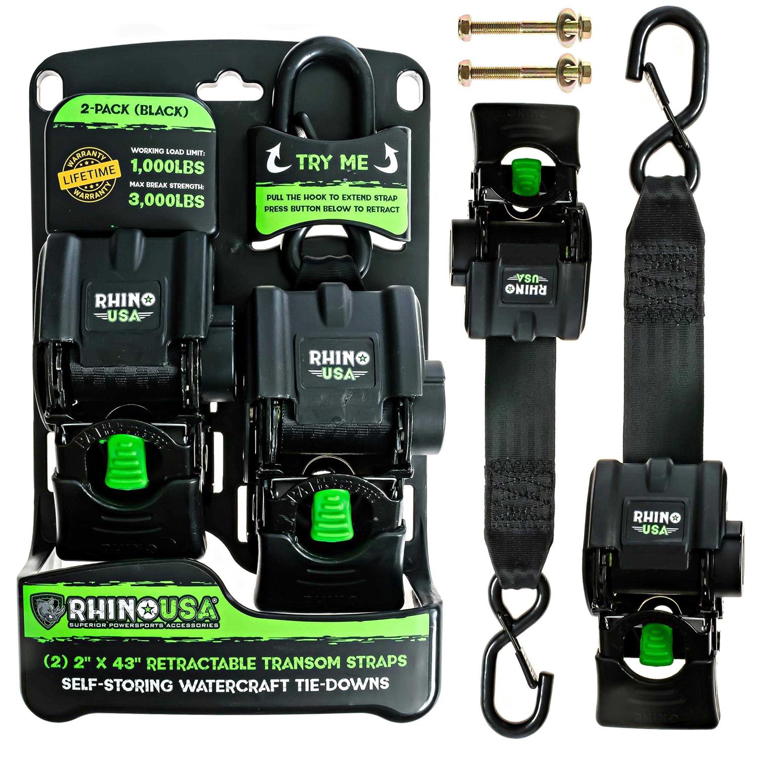 Rhino USA Retractable Transom Tie-Down Straps 1,800lb Guaranteed Max Break Strength - Zenithce