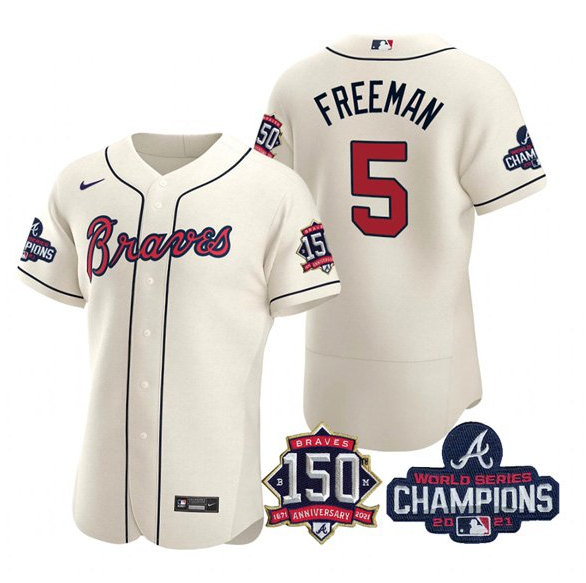 Atlanta Braves #5 Freddie Freeman 2021 Cream World Series Champions With 150th Anniversary Flex Base Stitched Jersey - Zenithce