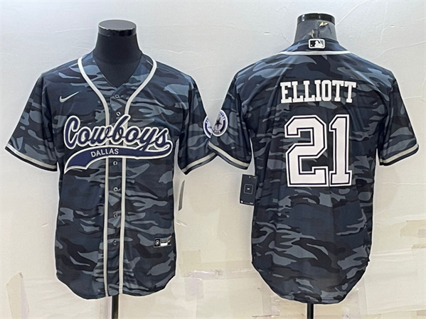 Dallas Cowboys #21 Ezekiel Elliott Gray Camo With Patch Cool Base Stitched Baseball Jersey - Zenithce