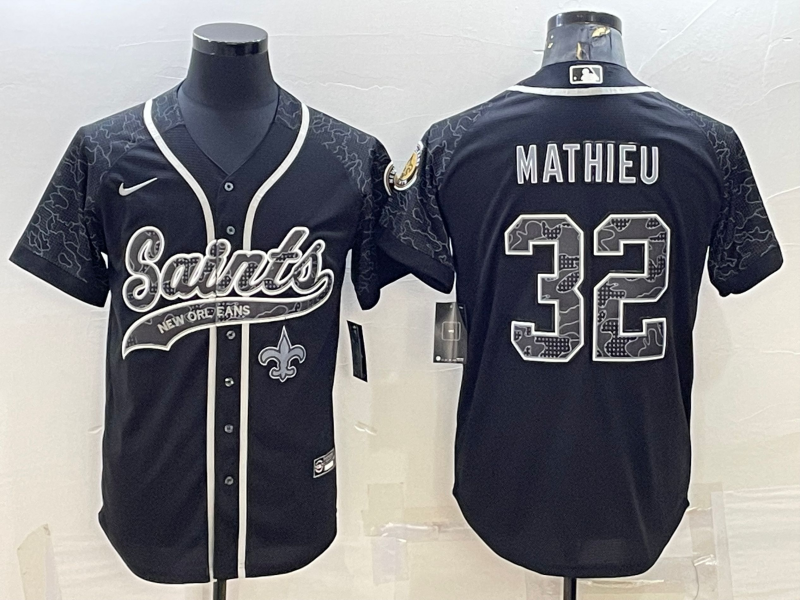 New Orleans Saints #32 Tyrann Mathieu Black Reflective With Patch Cool Base Stitched Baseball Jersey - Zenithce