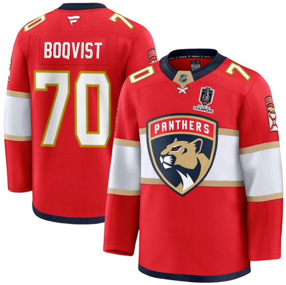 Florida Panthers #70 Jesper Boqvist Red Home 2025 Stanley Cup Champions Patch Stitched Jersey - Zenithce