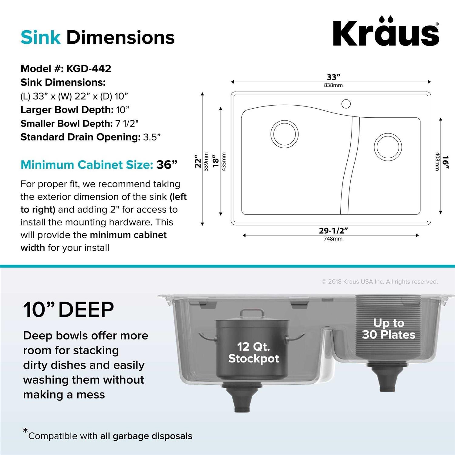Kraus Quarza 33 Dual Mount 60/40 Double Bowl Granite Kitchen Sink KGD-442 - Zenithce