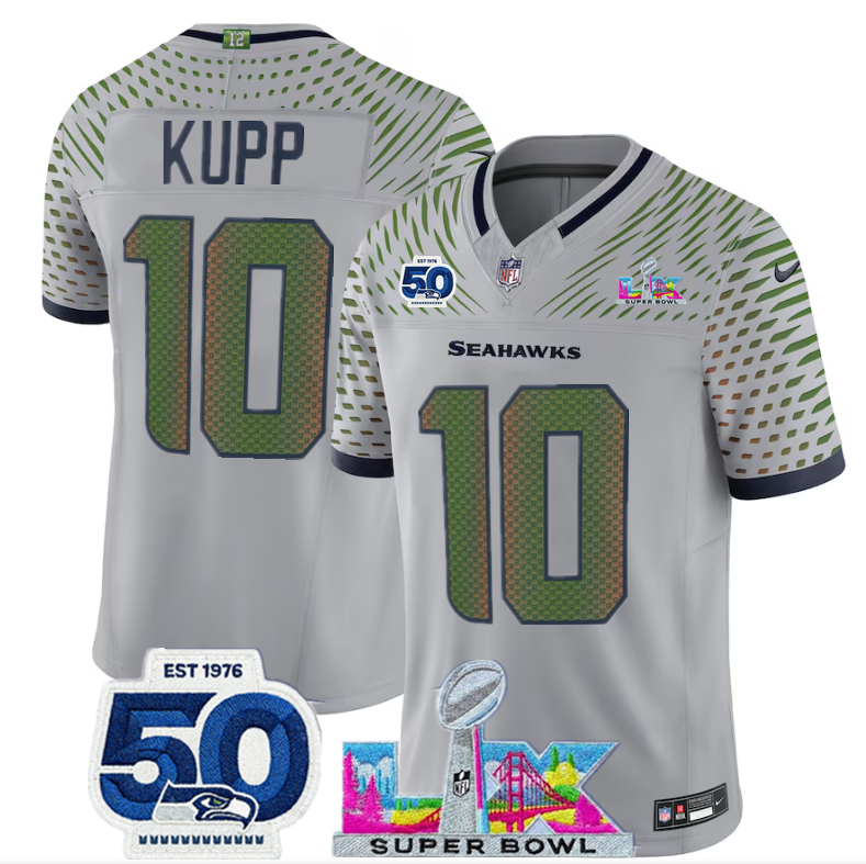 Seattle Seahawks #10 Cooper Kupp Grey 2025 F.U.S.E. Super Bowl LX Patch And 50th Season Patch “Rivalries” Vapor Limited Stitched Jersey - Zenithce