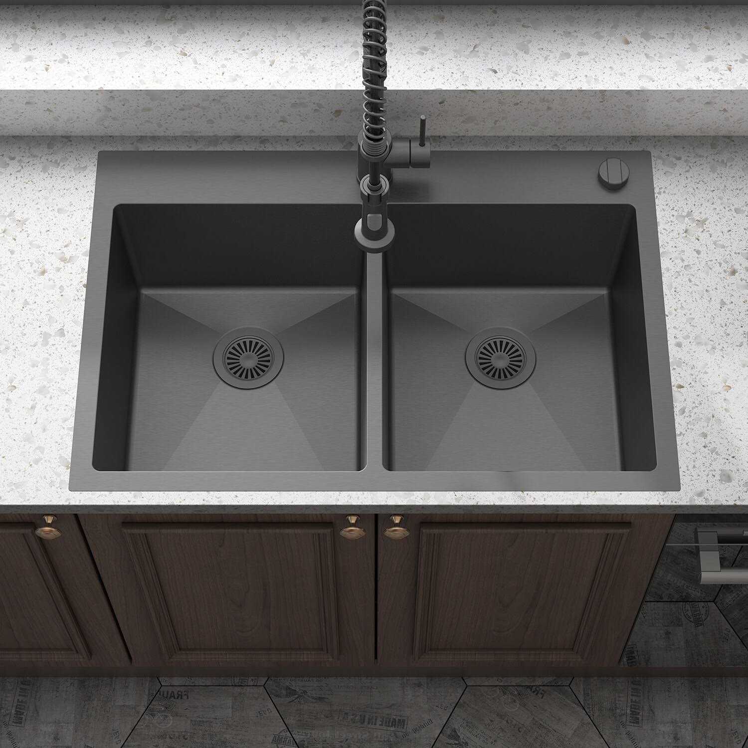 Sinber 32 in. Undermount Double Bowl 18 Gauge Black 304 Stainless Steel Kitchen Sink - Zenithce